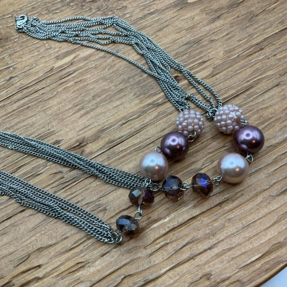 RMN (AVON) Lilac Purple Beads Multi Silver Tone Chain Stands Necklace